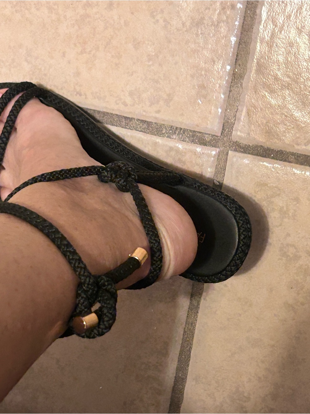 Fashion Nova Black Rope Lace-Up Sandal with Gold Accents